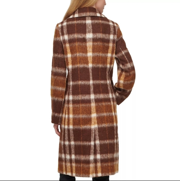 NWT Calvin Klein Brown Multi Brushed Plaid Notch Lapel Button Front Overcoat 6 - Picture 2 of 6